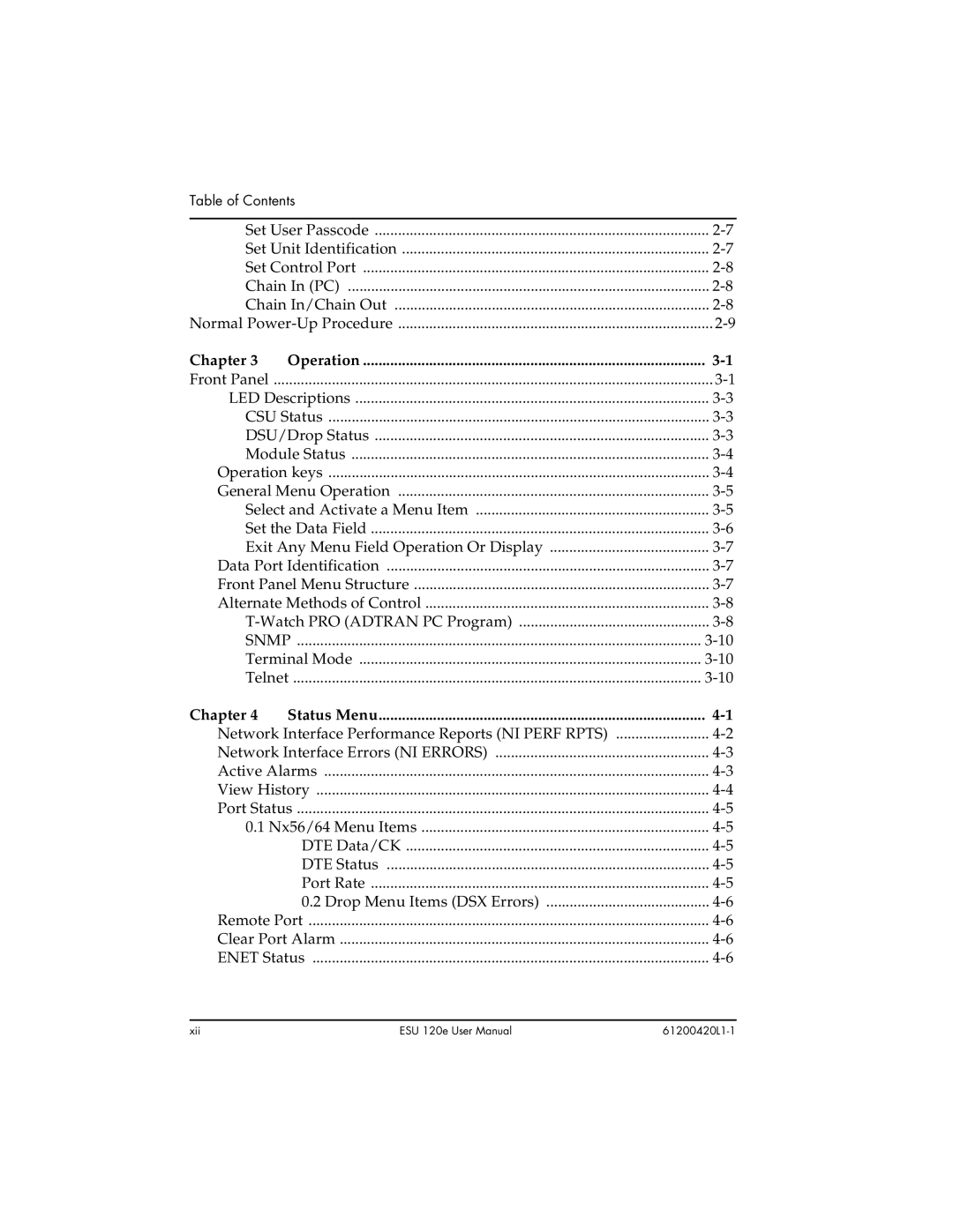 ADTRAN ESU 120e user manual Chapter Operation, Snmp, Chapter Status Menu 