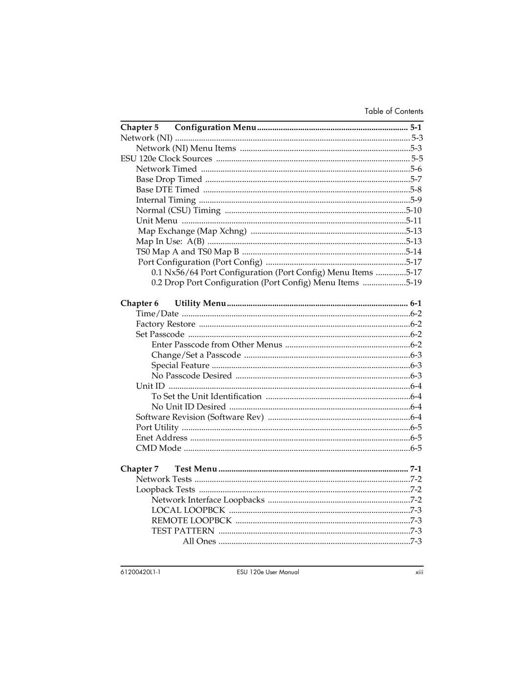 ADTRAN ESU 120e user manual Chapter Configuration Menu, Chapter Utility Menu, Chapter Test Menu 