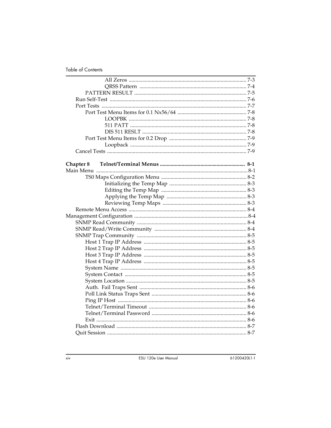 ADTRAN ESU 120e user manual Pattern Result, Loopbk, DIS 511 Reslt, Telnet/Terminal Menus 