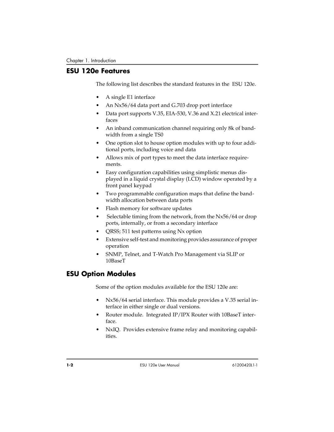 ADTRAN user manual ESU 120e Features, ESU Option Modules 