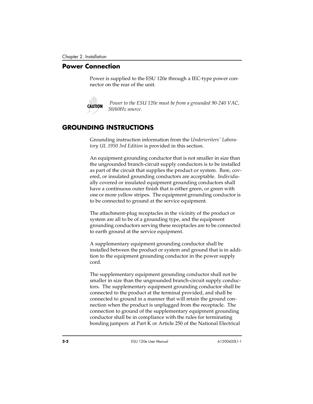 ADTRAN ESU 120e user manual Power Connection, Ground ING Instructions 