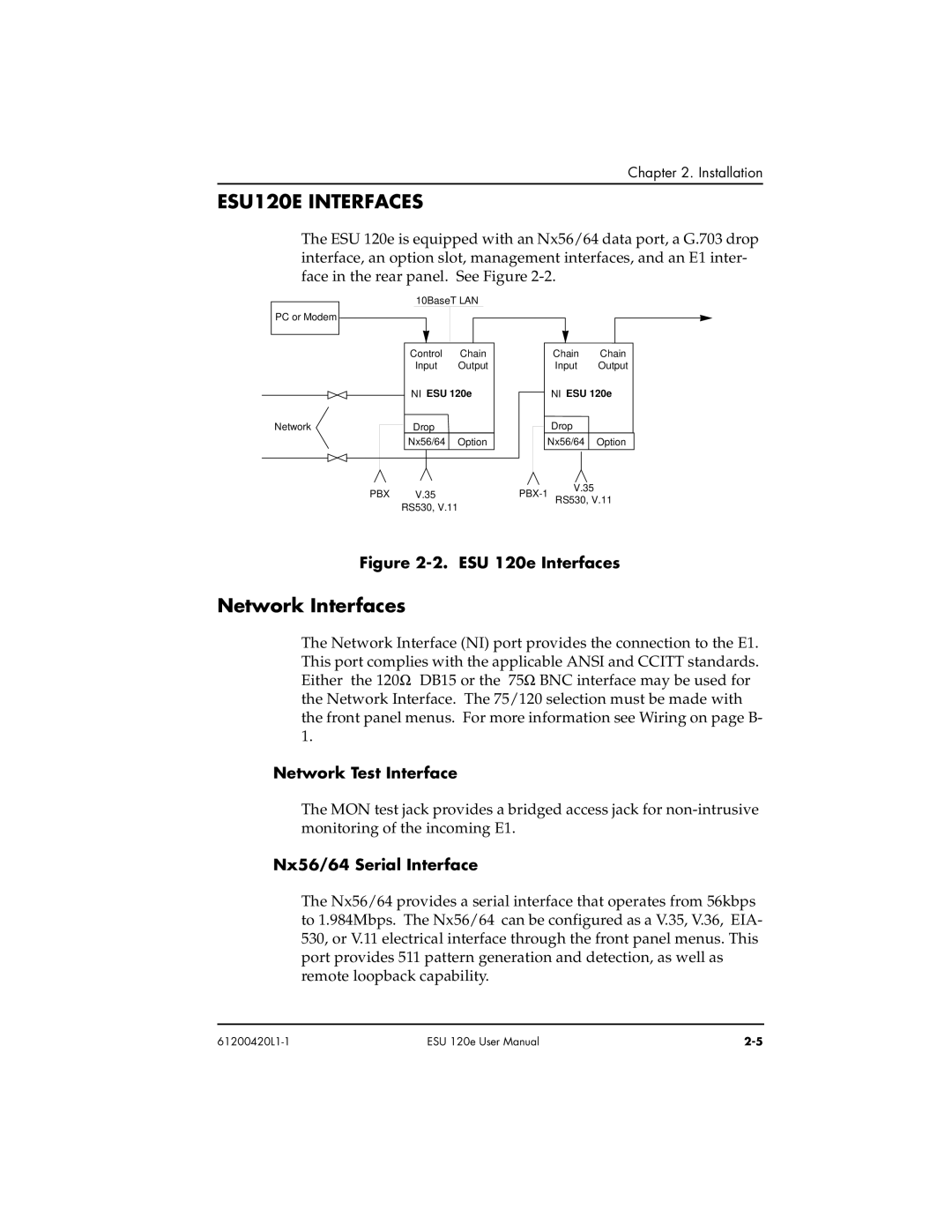 ADTRAN ESU 120e user manual ESU120E Interfaces, Network Interfaces, Network Test Interface, Nx56/ 64 Serial Interface 