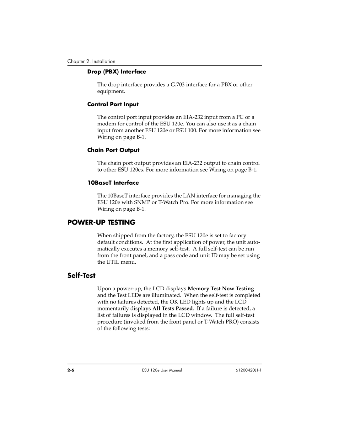 ADTRAN ESU 120e user manual POWER-UP Testing, Self-Test 