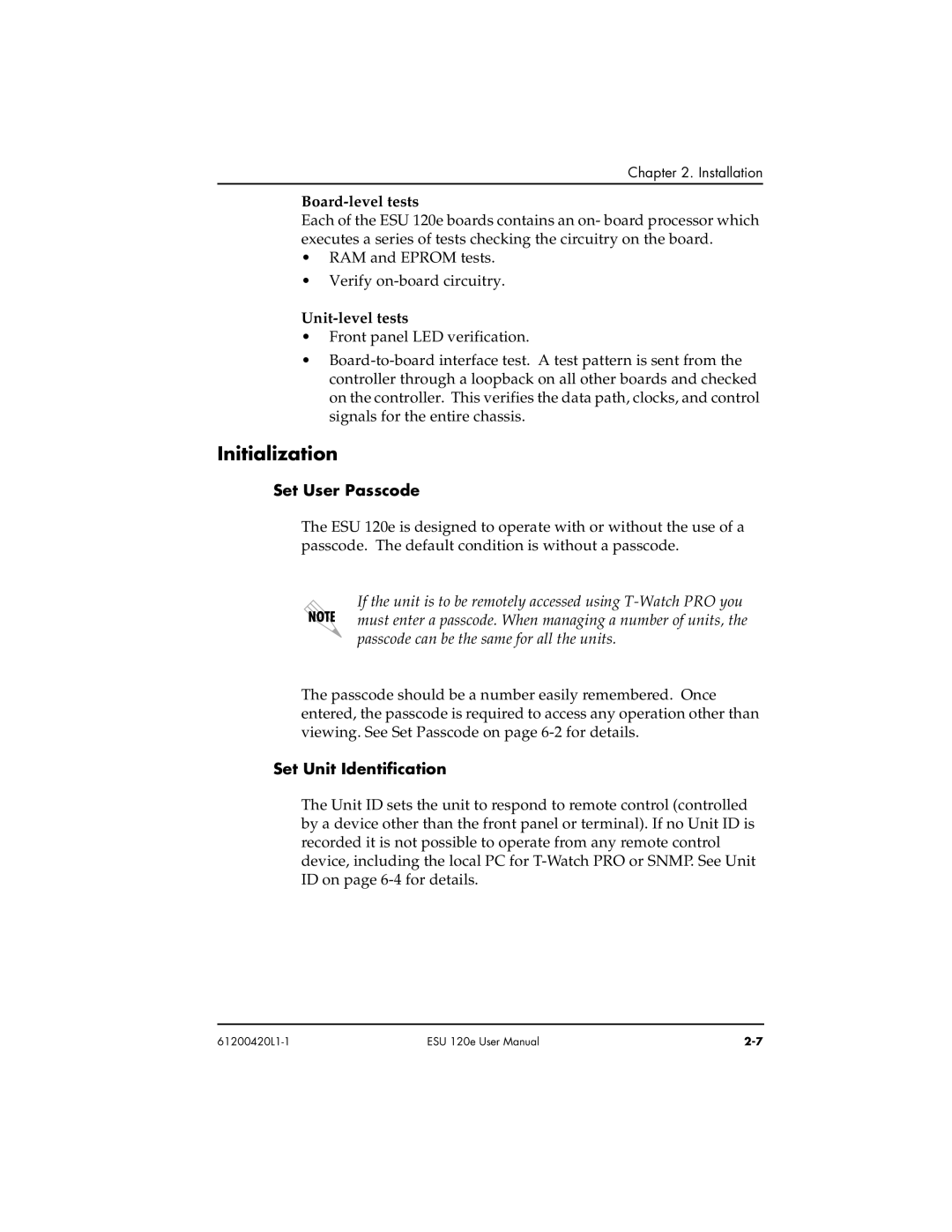 ADTRAN ESU 120e user manual Initialization, Board-level tests, Unit-level tests, Set User Passcode, Set Unit Identification 