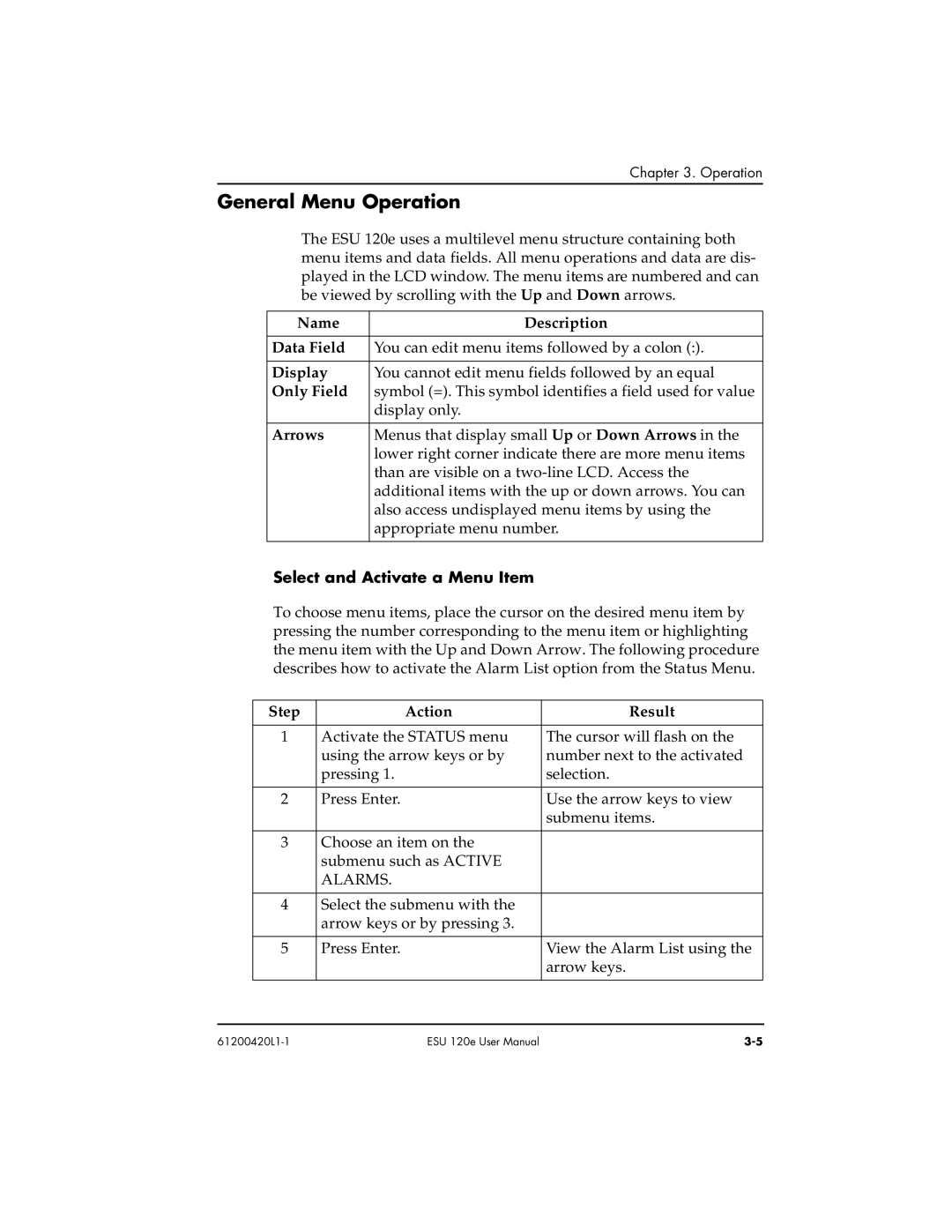 ADTRAN ESU 120e user manual General Menu Operation, Select and Activate a Menu Item 