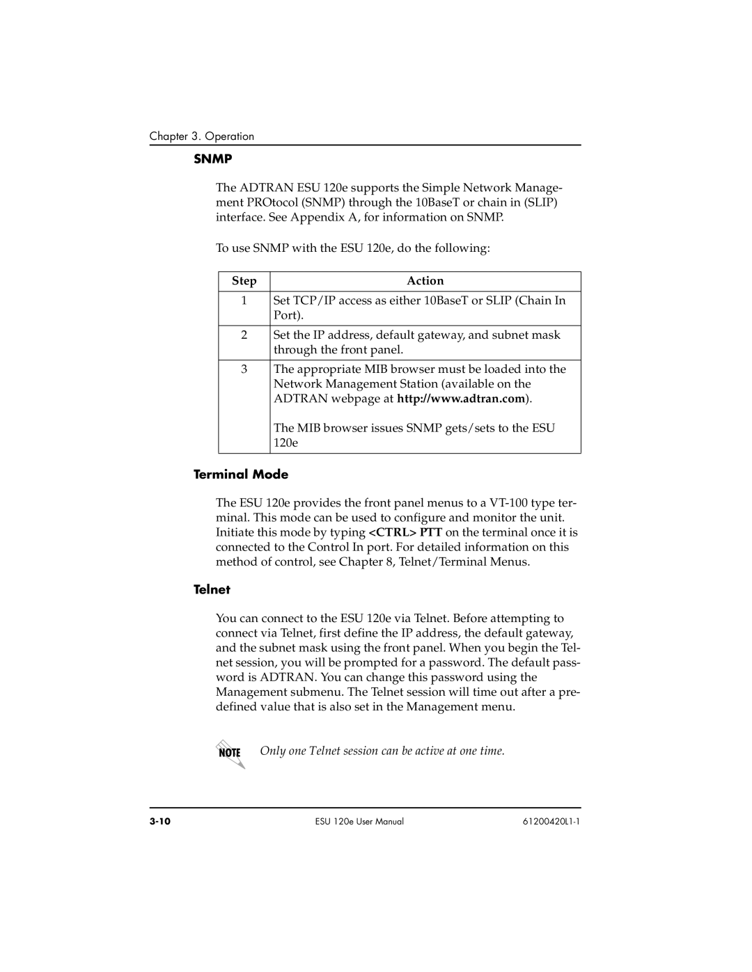 ADTRAN ESU 120e user manual Terminal Mode, Telnet 