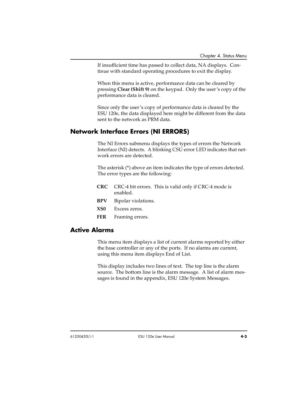 ADTRAN ESU 120e user manual Network Interface Errors NI Errors, Active Alarms 