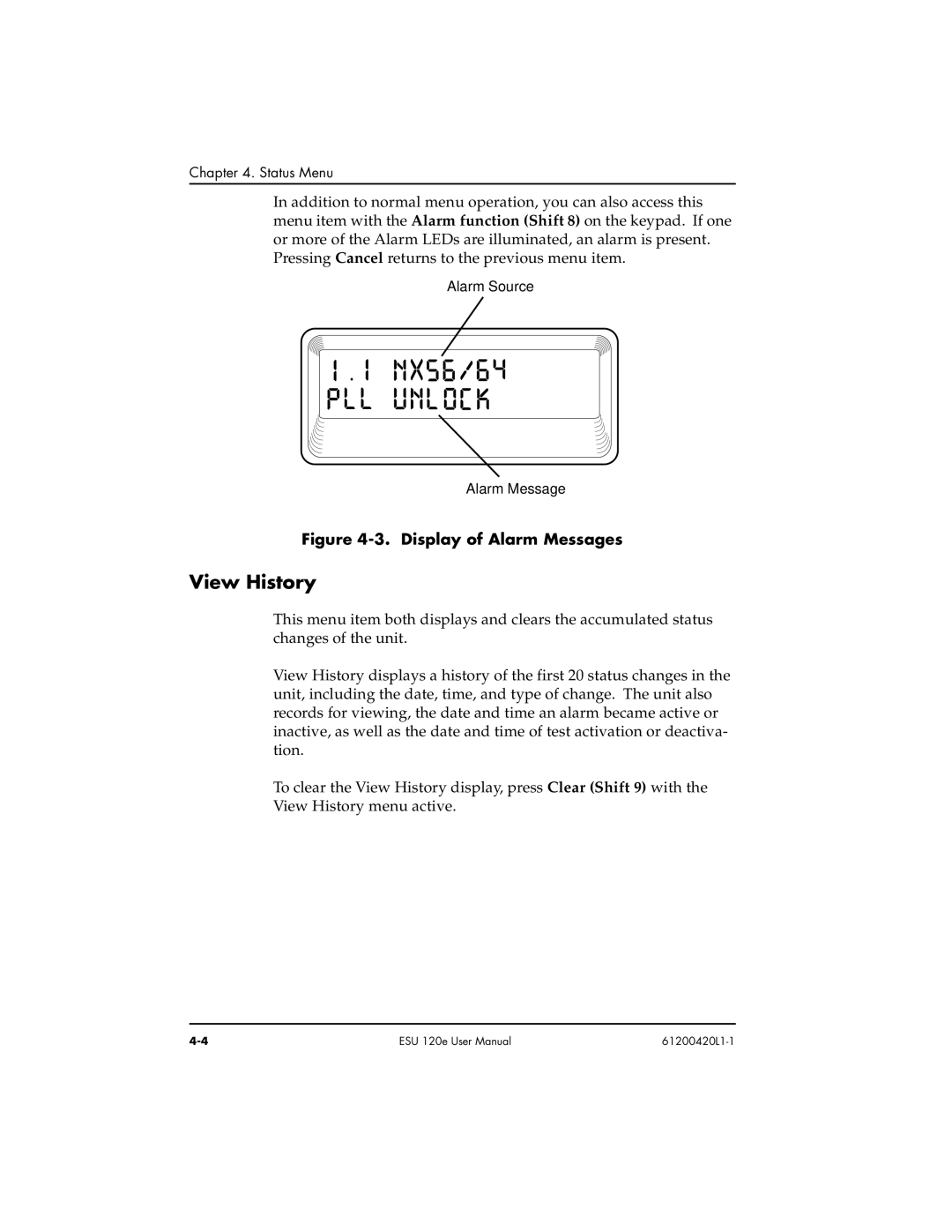 ADTRAN ESU 120e user manual View History, D isplay of Alarm Messages 