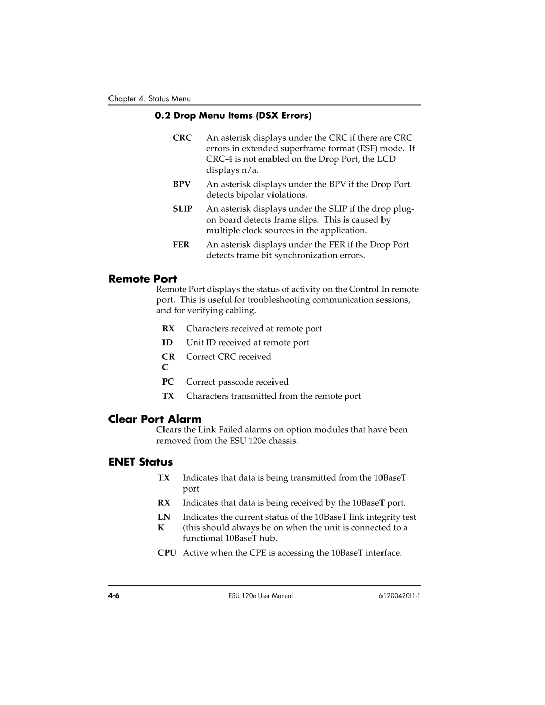 ADTRAN ESU 120e user manual Remote Port, Clear Port Alarm, Enet Status, Rop Menu Items D SX Errors 