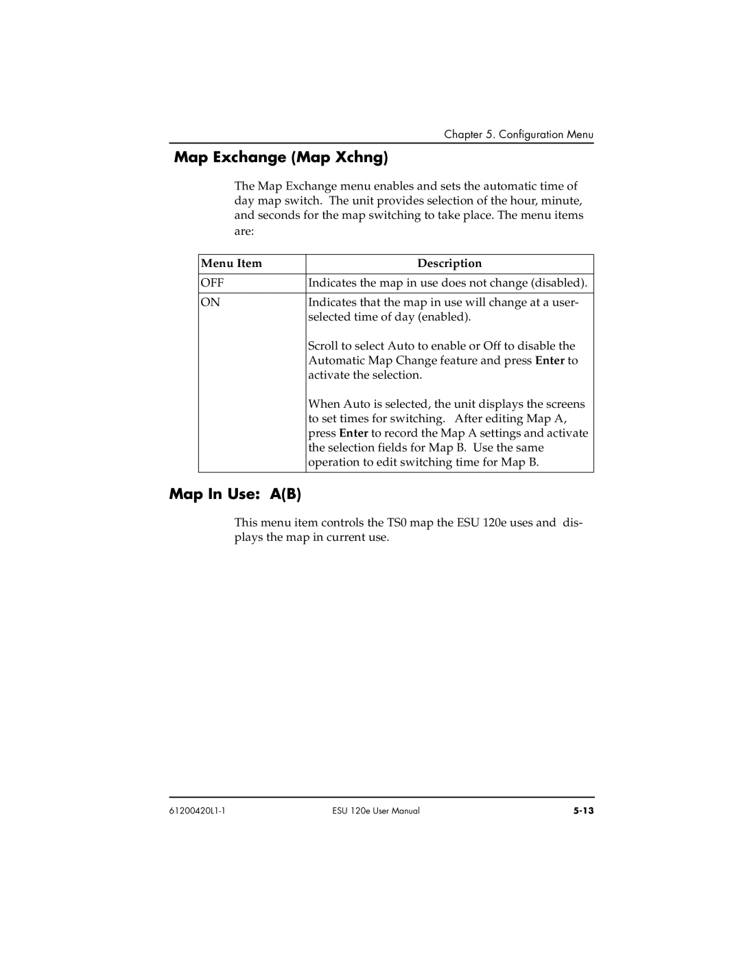 ADTRAN ESU 120e user manual Map Exchange Map Xchng, Map In Use AB, Off 