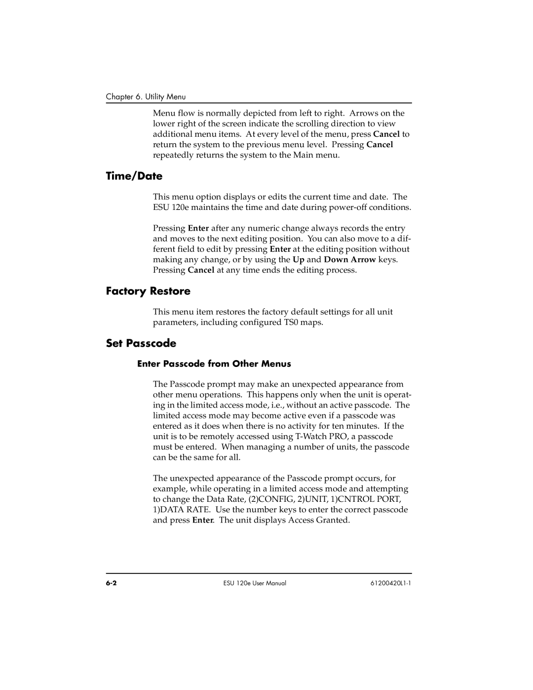 ADTRAN ESU 120e user manual Time/ D ate, Factory Restore, Set Passcode, Enter Passcode from Other Menus 