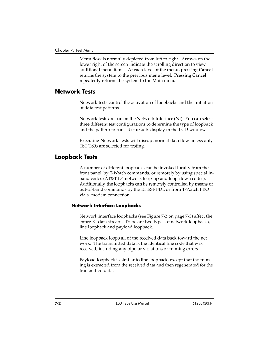 ADTRAN ESU 120e user manual Network Tests, Loopback Tests, Network Interface Loopbacks 