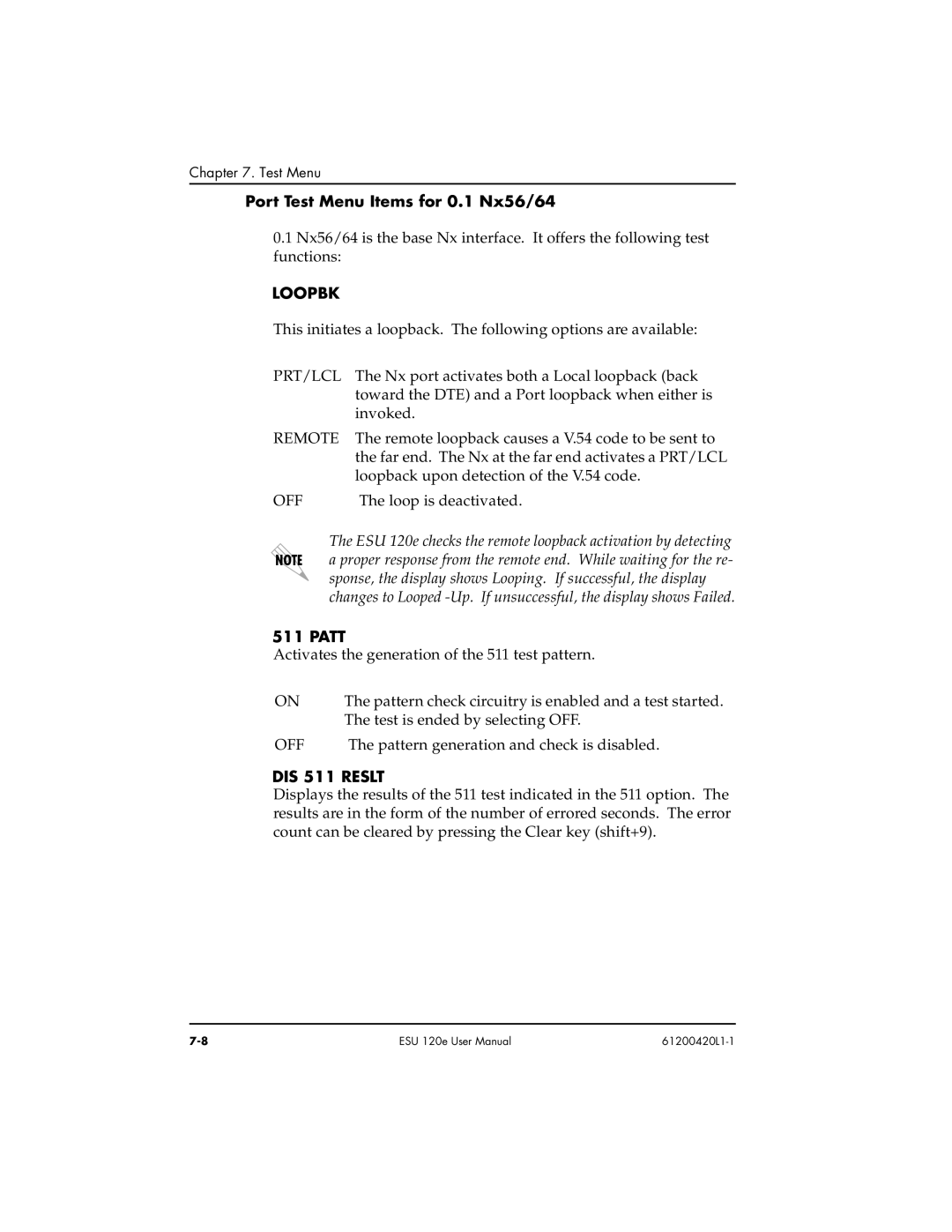 ADTRAN ESU 120e user manual Port Test Menu Items for 0.1 Nx56, Prt/Lcl, Remote, Patt 