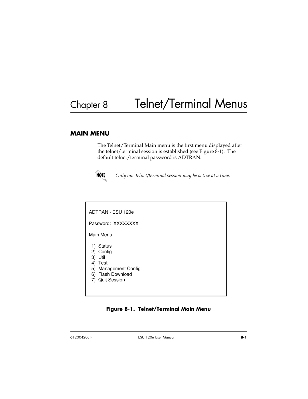 ADTRAN ESU 120e user manual Telnet/ Terminal Main Menu 