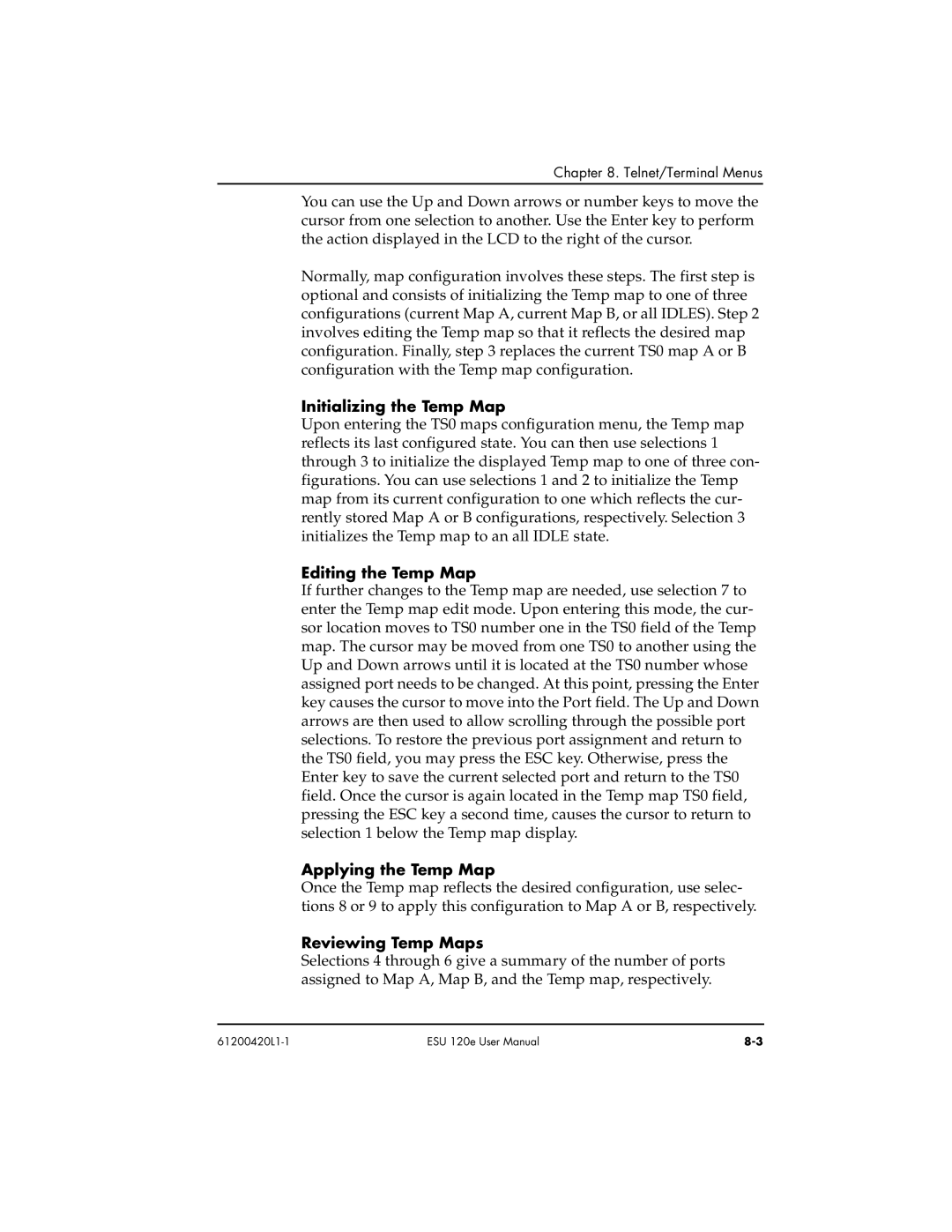 ADTRAN ESU 120e user manual Initializing the Temp Map, Editing the Temp Map, Applying the Temp Map, Reviewing Temp Maps 