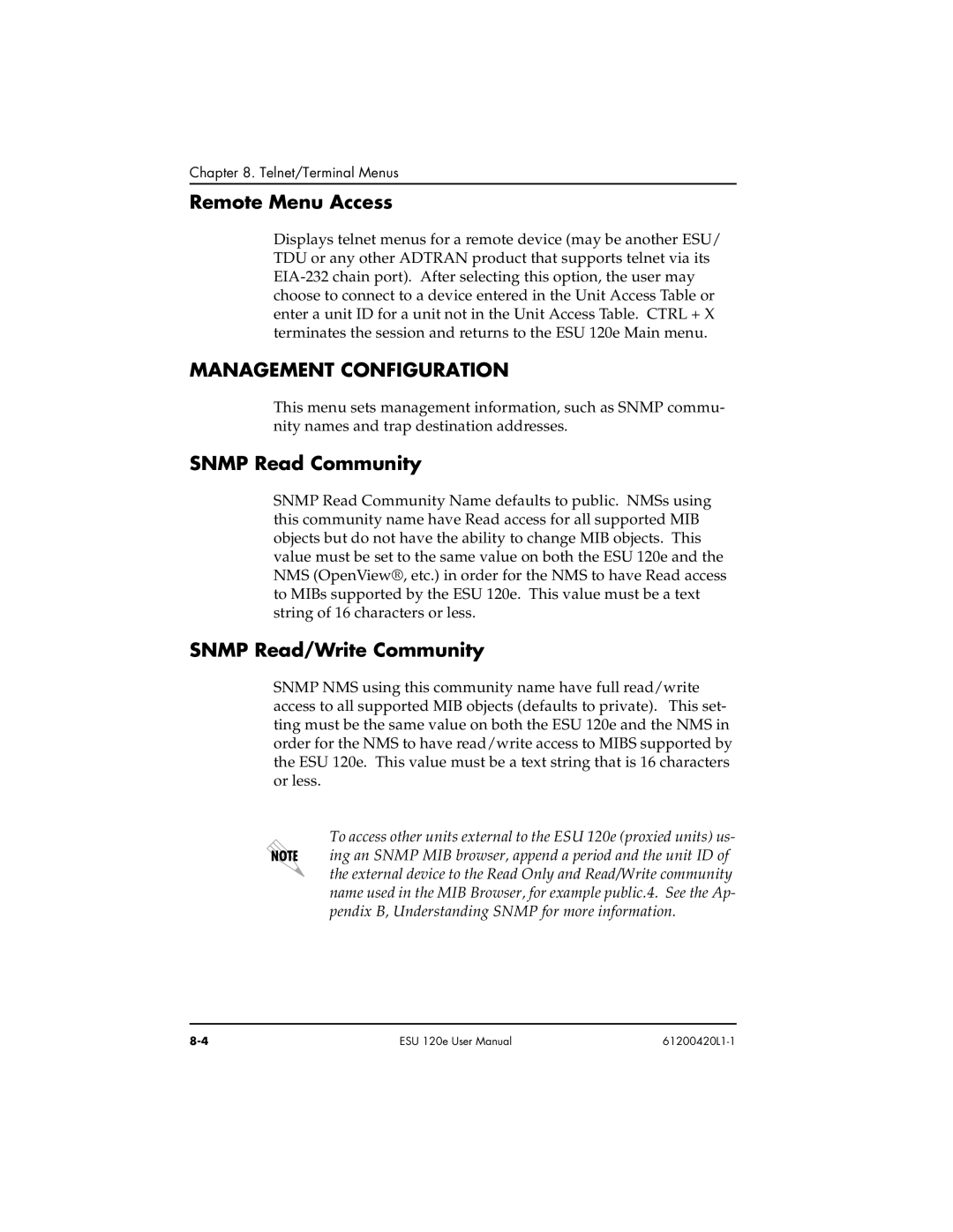 ADTRAN ESU 120e user manual Remote Menu Access, Management Configuration, Snmp Read Community, Snmp Read/ Write Community 