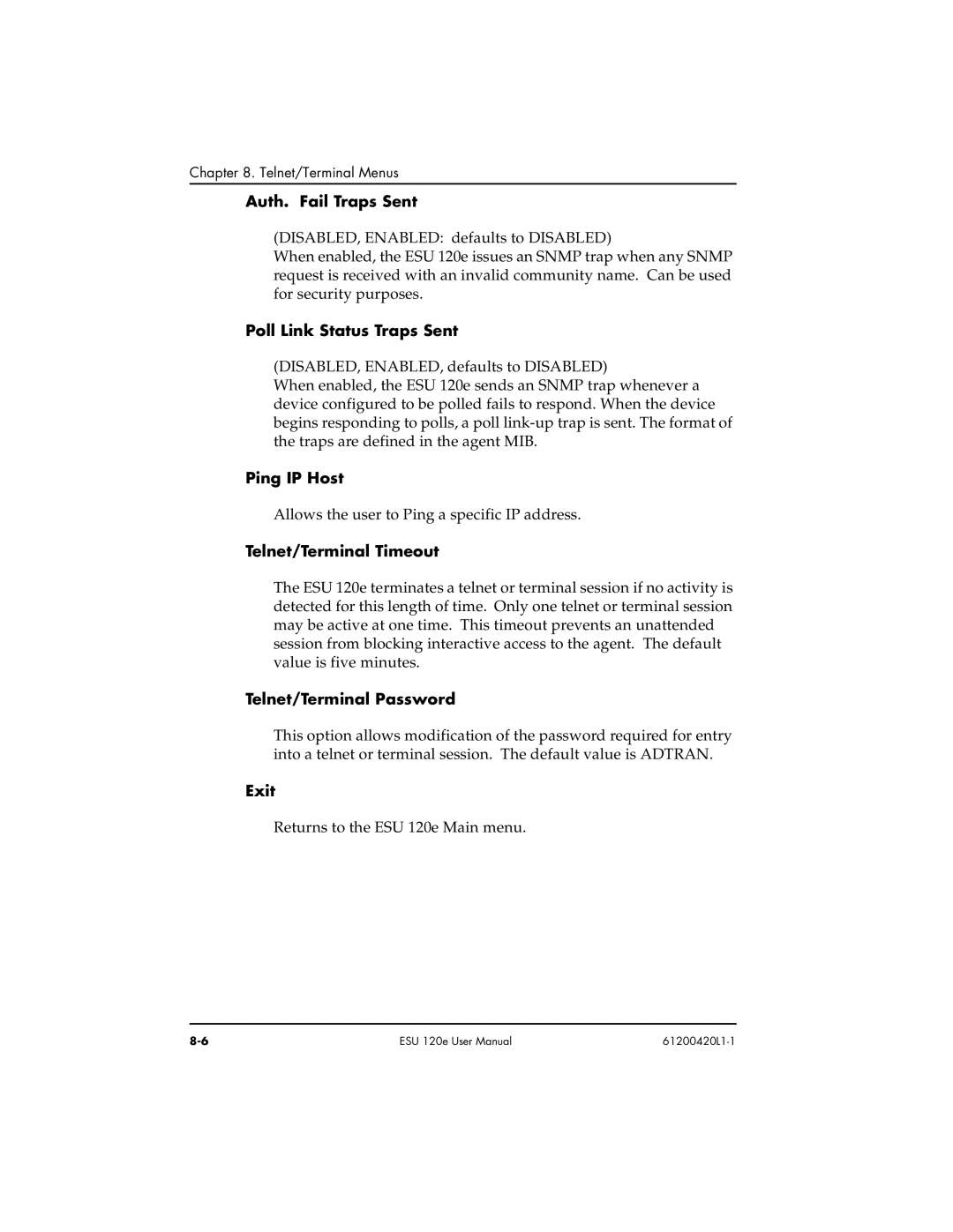 ADTRAN ESU 120e Auth. Fail Traps Sent, Poll Link Status Traps Sent, Ping IP Host, Telnet/ Terminal Timeout, Exit 