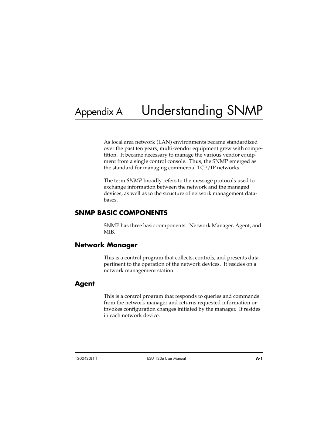 ADTRAN ESU 120e user manual Snmp Basic Components, Network Manager, Agent 