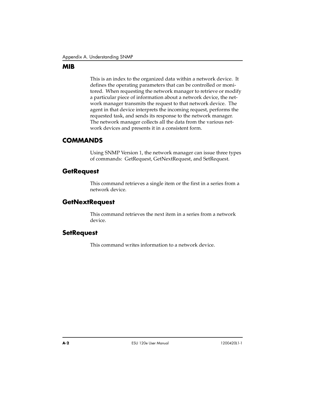 ADTRAN ESU 120e user manual Mib, Command S, GetRequest, GetNextRequest, SetRequest 