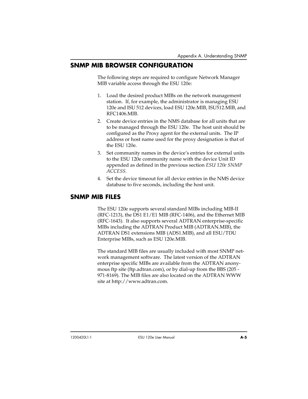 ADTRAN ESU 120e user manual Snmp MIB Browser Configuration, Snmp MIB Files 