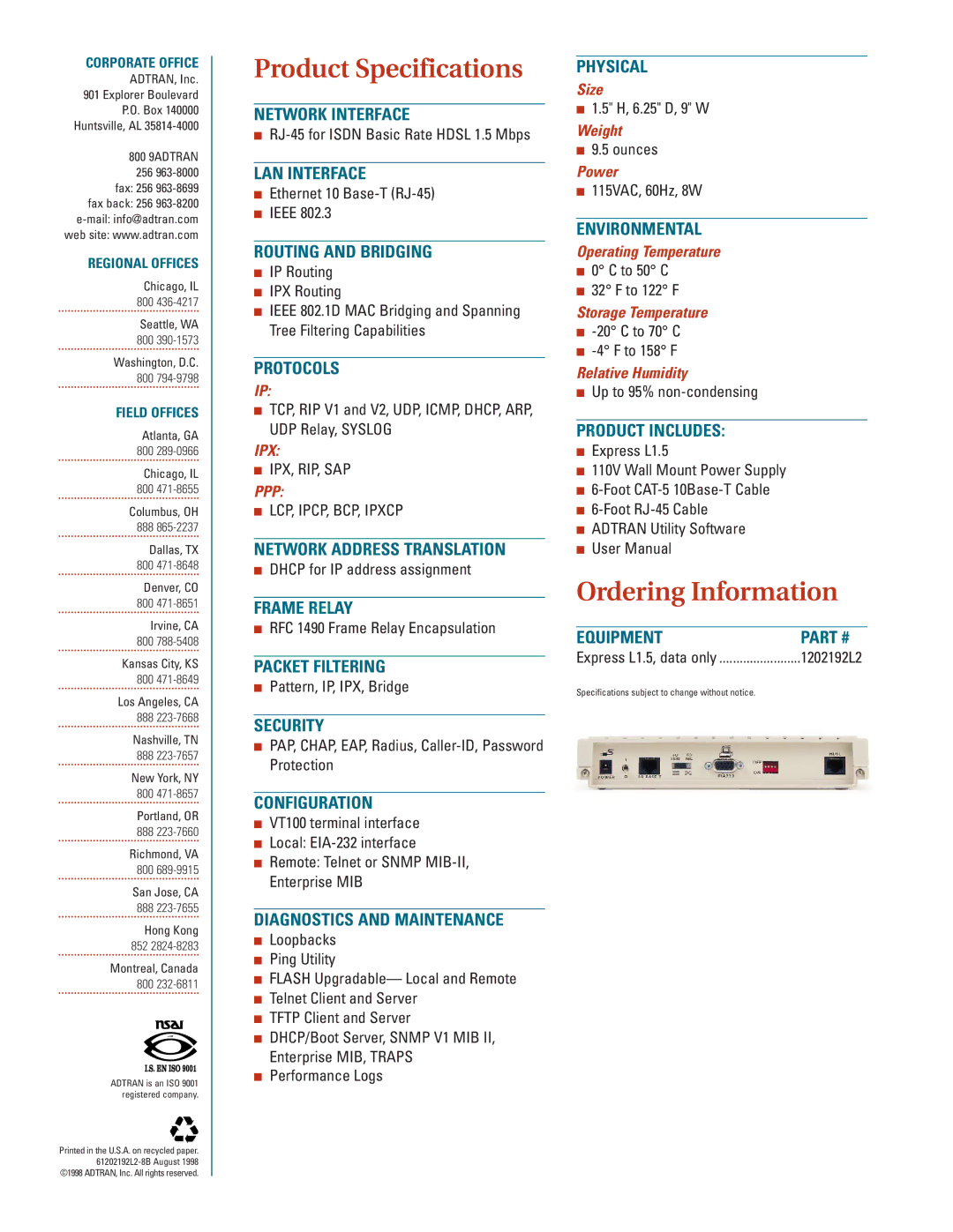 ADTRAN Express L1.5 warranty Network Interface, LAN Interface, Routing and Bridging, Protocols, Network Address Translation 