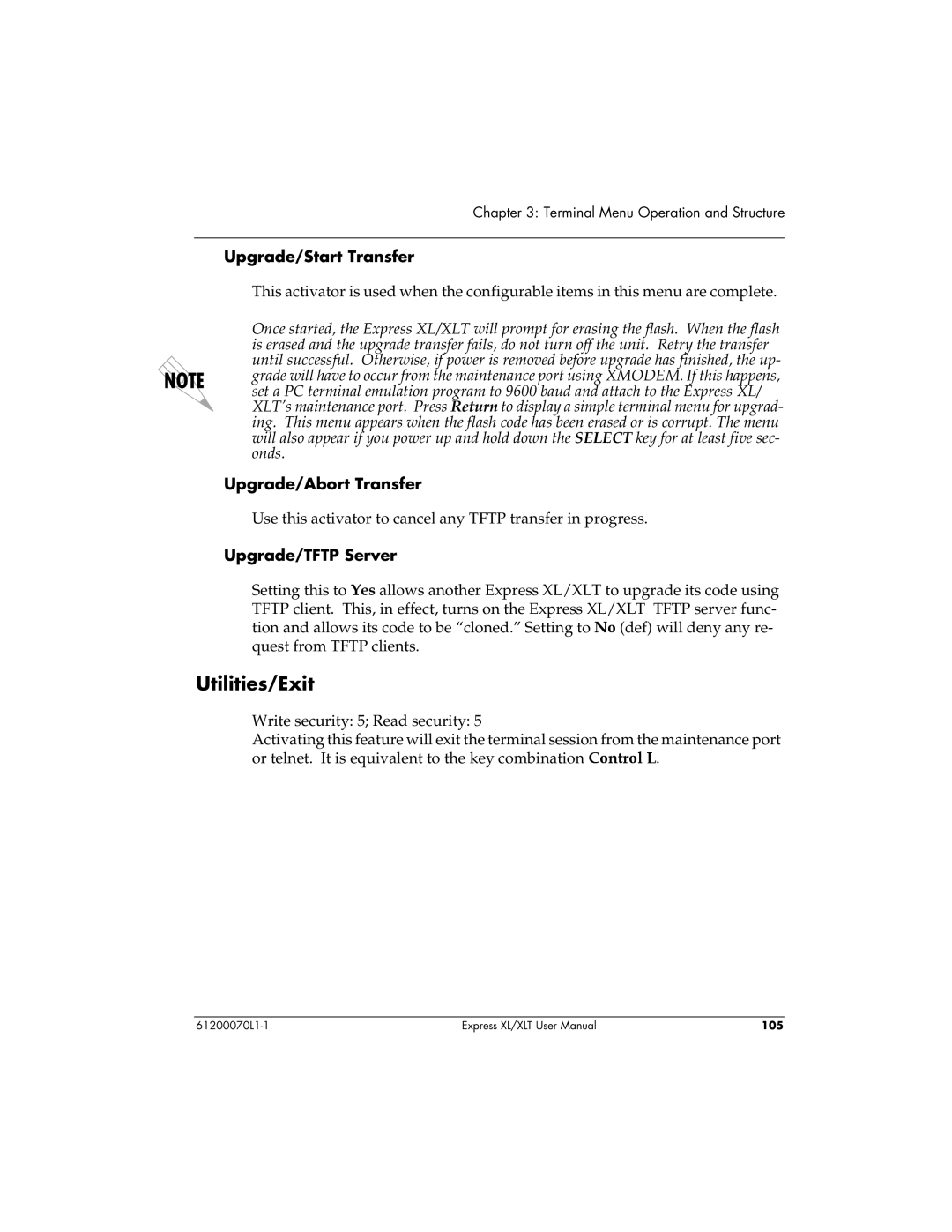 ADTRAN Express XLT user manual Utilities/Exit, Upgrade/Start Transfer, Upgrade/Abort Transfer, Upgrade/TFTP Server 