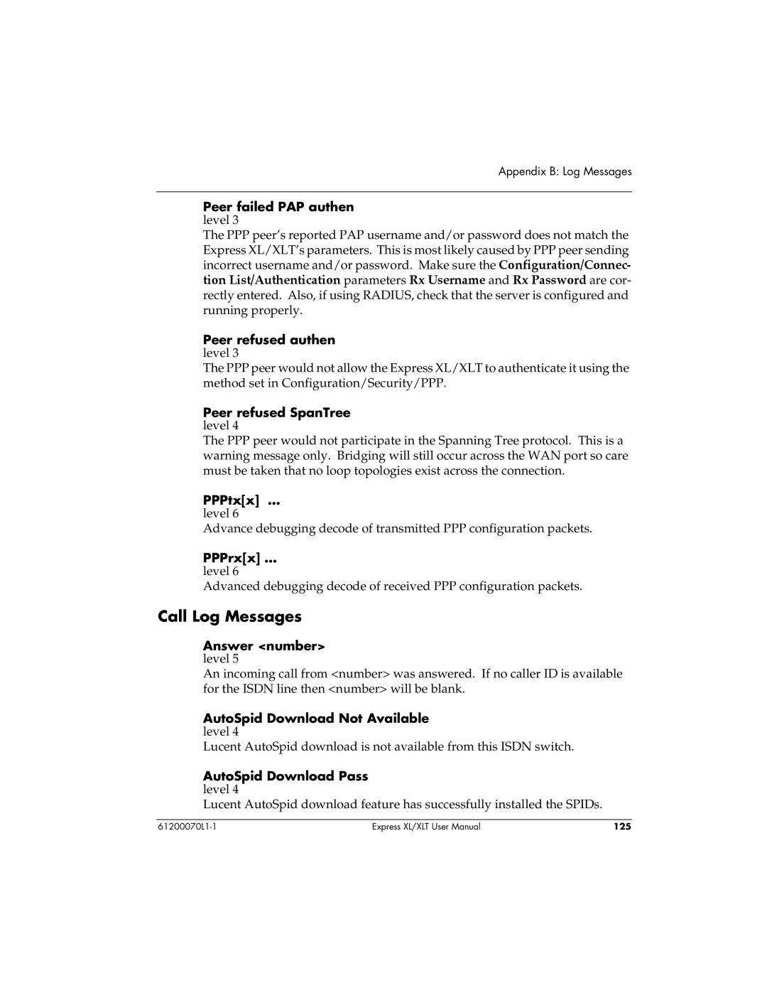 ADTRAN Express XLT user manual Call Log Messages 