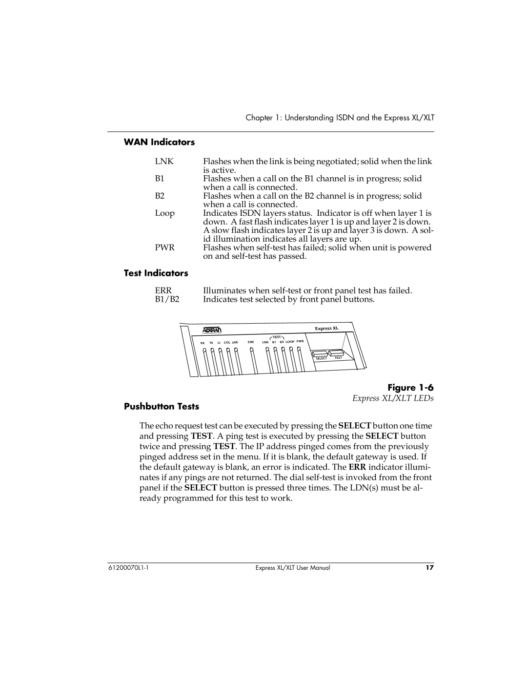 ADTRAN Express XLT user manual WAN Indicators, Test Indicators, Pushbutton Tests 