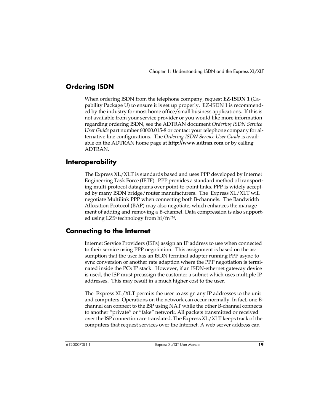 ADTRAN Express XLT user manual Ordering Isdn, Interoperability, Connecting to the Internet 