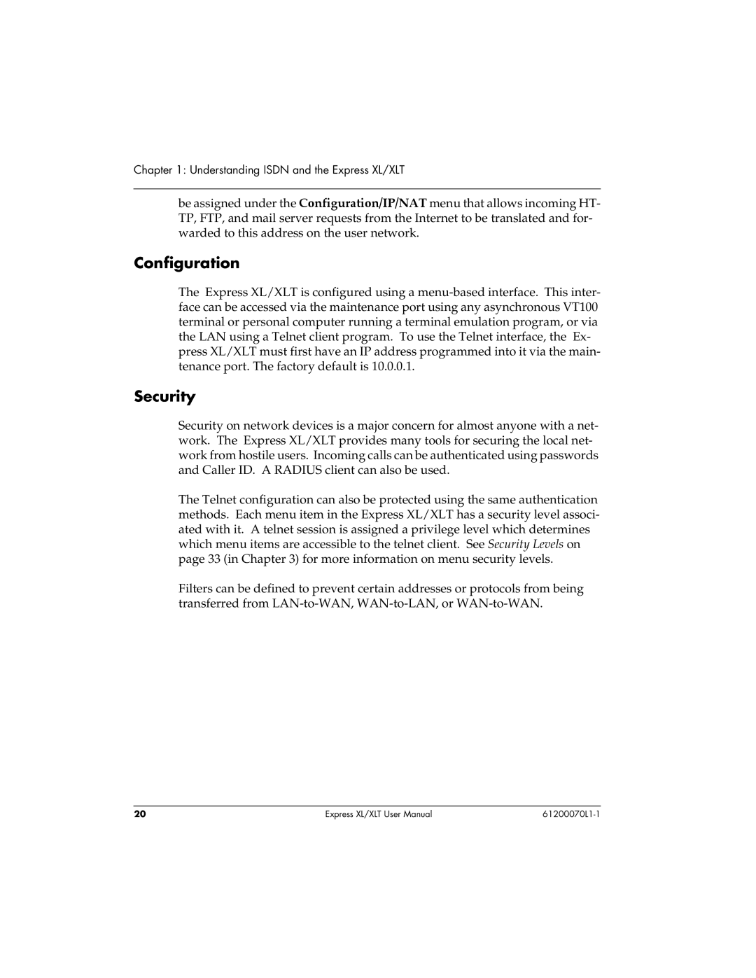 ADTRAN Express XLT user manual Configuration, Security 