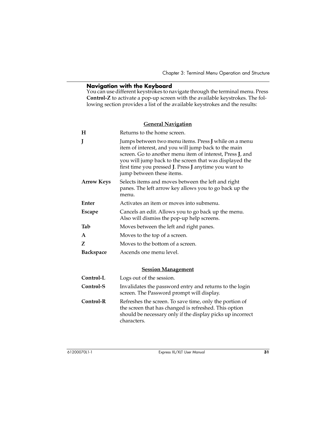 ADTRAN Express XLT user manual Navigation with the Keyboard, General Navigation, Enter, Escape, Tab, Session Management 