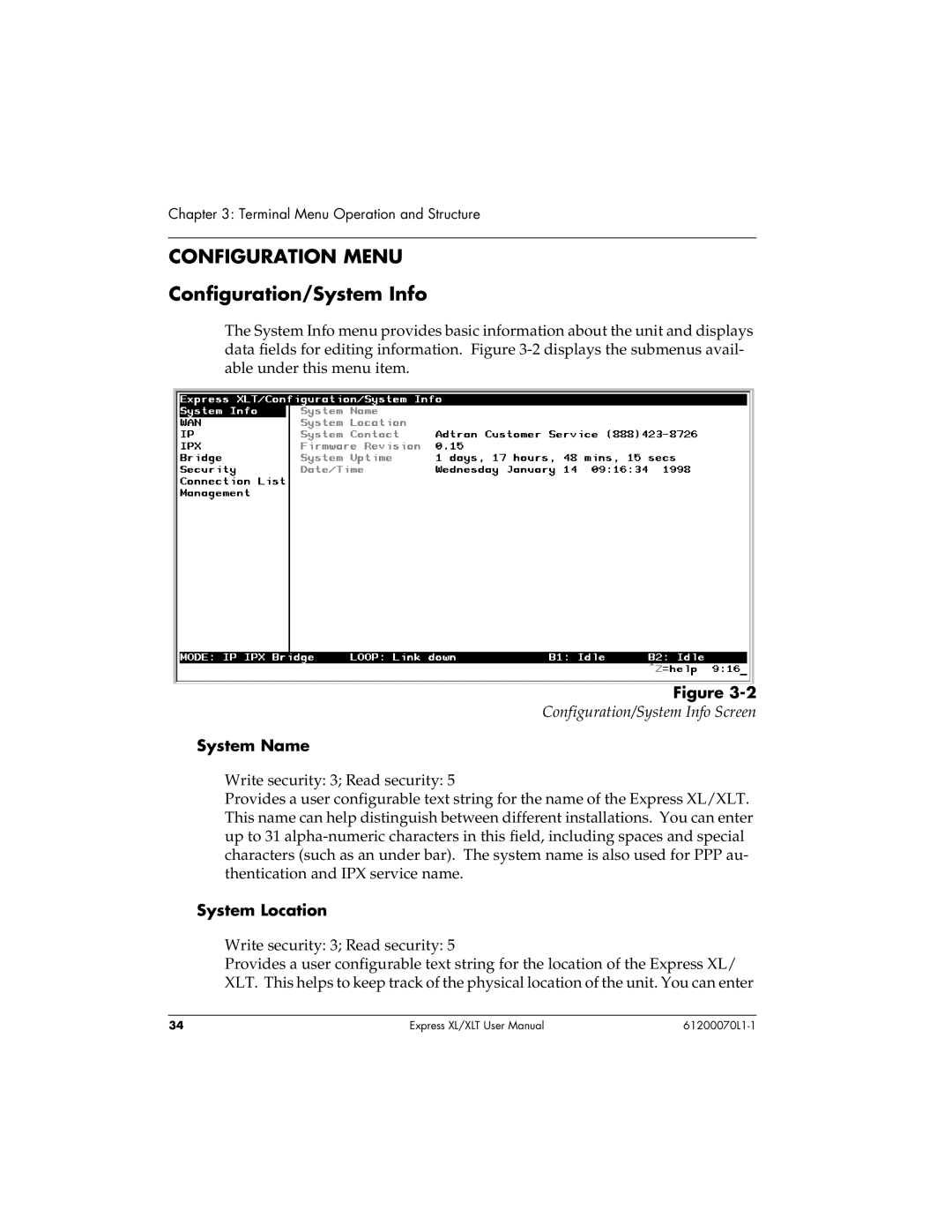 ADTRAN Express XLT user manual Configuration Menu, Configuration/System Info, System Name, System Location 