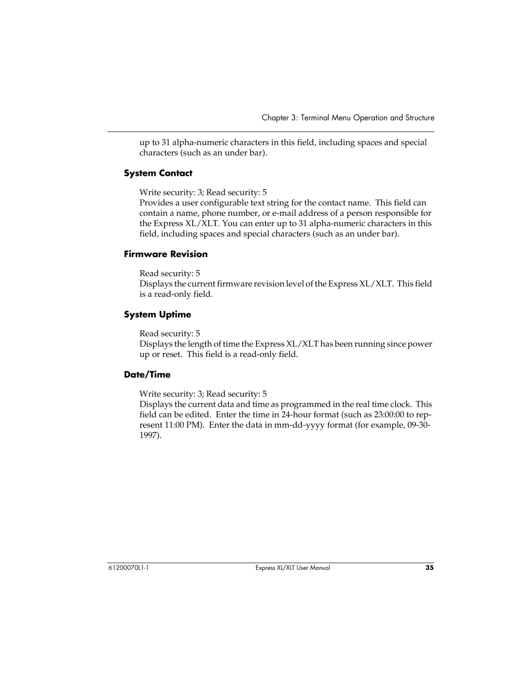 ADTRAN Express XLT user manual System Contact, Firmware Revision, System Uptime, Date/Time 