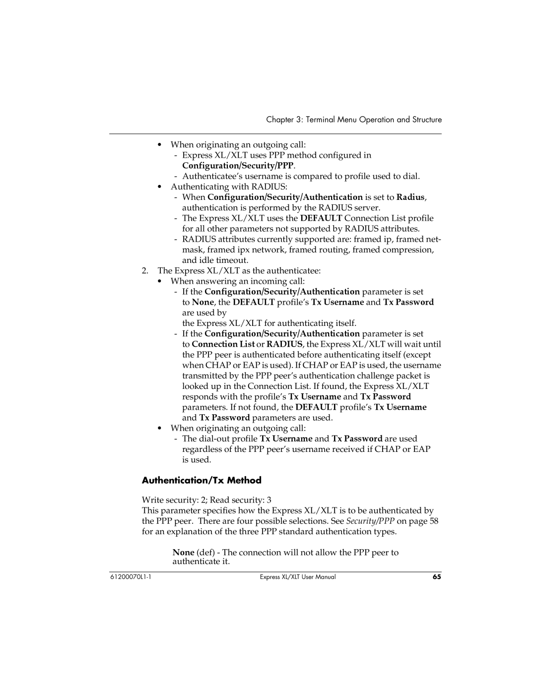 ADTRAN Express XLT user manual Authentication/Tx Method 