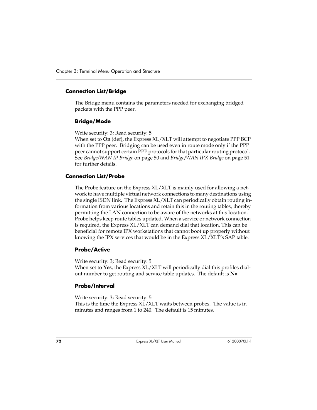 ADTRAN Express XLT user manual Connection List/Bridge, Connection List/Probe, Probe/Active, Probe/Interval 