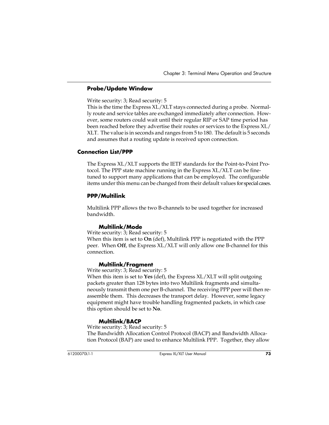 ADTRAN Express XLT user manual Probe/Update Window, Connection List/PPP, PPP/Multilink, Multilink/Mode, Multilink/BACP 