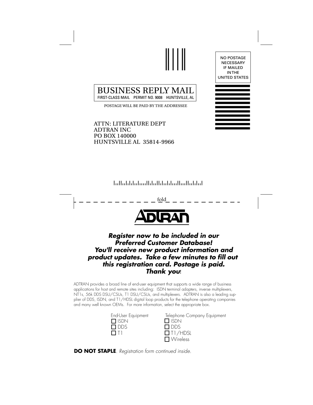 ADTRAN Express XRT manual Do not STAPLE. Registration form inside 