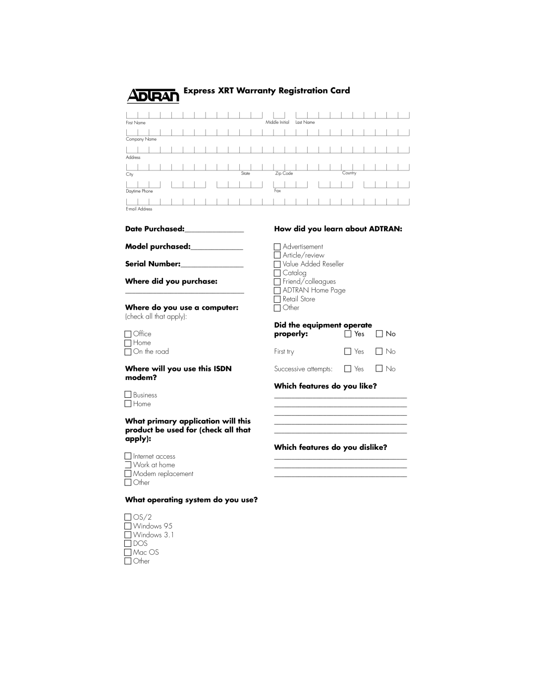 ADTRAN manual Express XRT Warranty Registration Card 