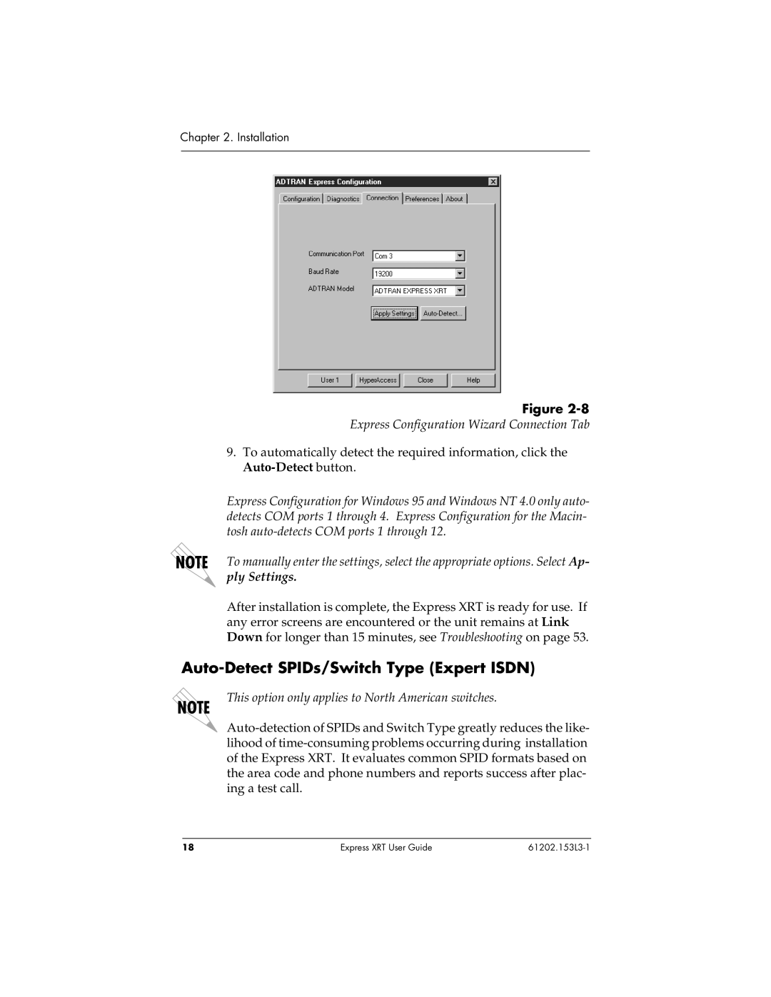 ADTRAN Express XRT manual Auto-Detect SPIDs/Switch Type Expert Isdn, Express Configuration Wizard Connection Tab 