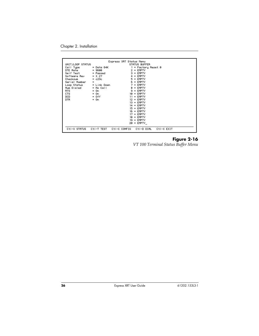 ADTRAN Express XRT manual VT 100 Terminal Status Buffer Menu 