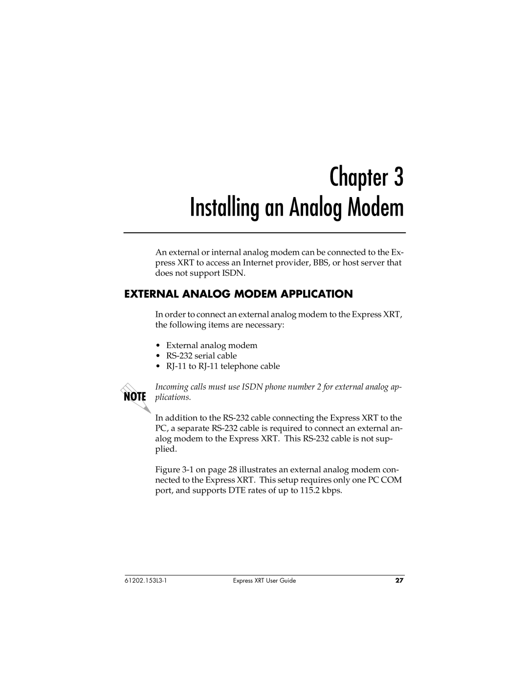 ADTRAN Express XRT manual Installing an Analog Modem, External Analog Modem Application 