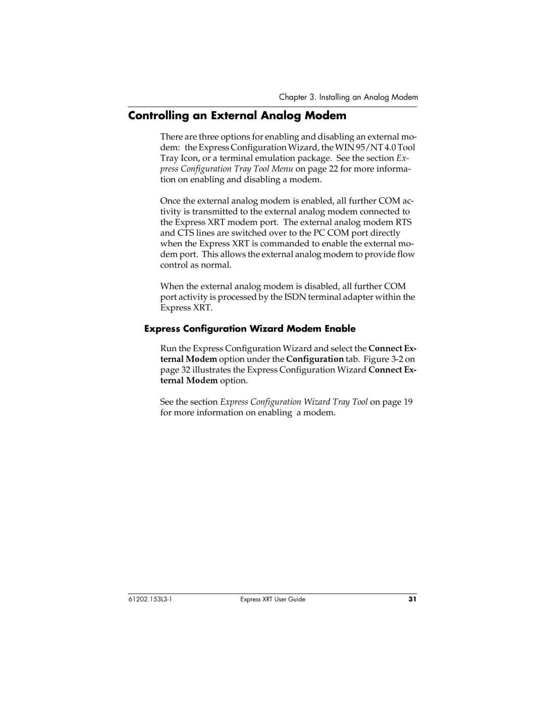 ADTRAN Express XRT manual Controlling an External Analog Modem, Express Configuration Wizard Modem Enable 