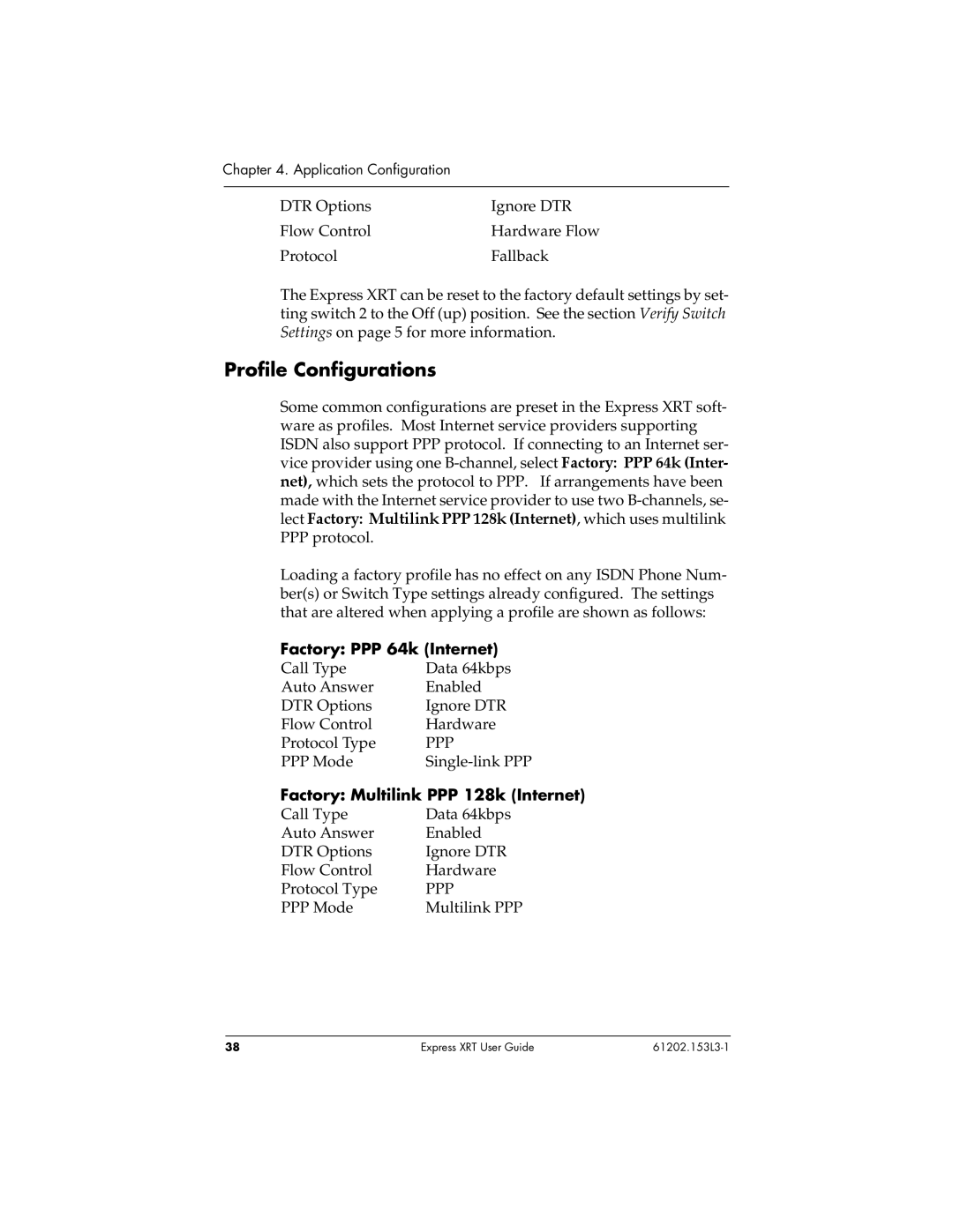 ADTRAN Express XRT manual Profile Configurations, Factory PPP 64k Internet, Factory Multilink PPP 128k Internet 