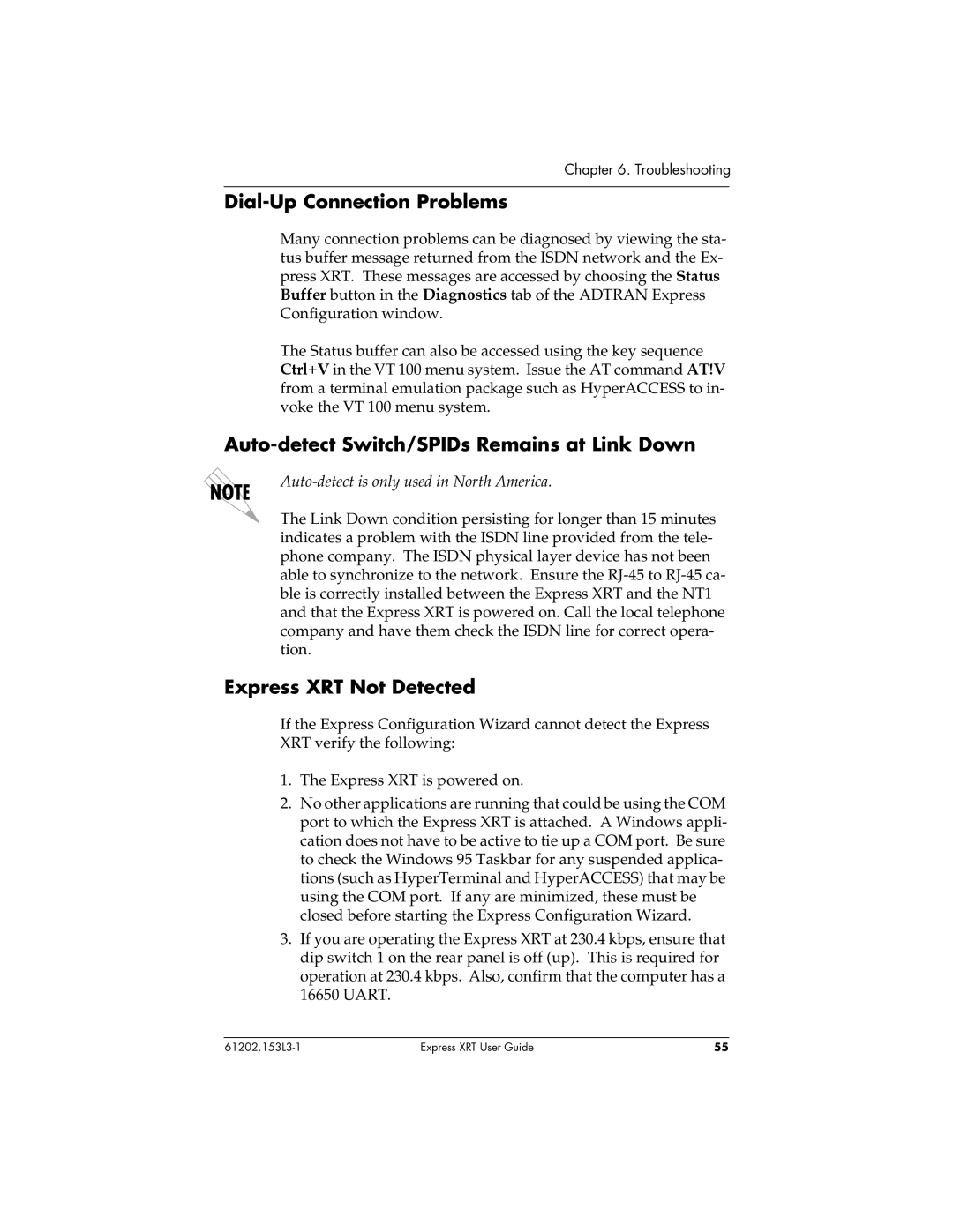 ADTRAN manual Dial-Up Connection Problems, Auto-detect Switch/SPIDs Remains at Link Down, Express XRT Not Detected 