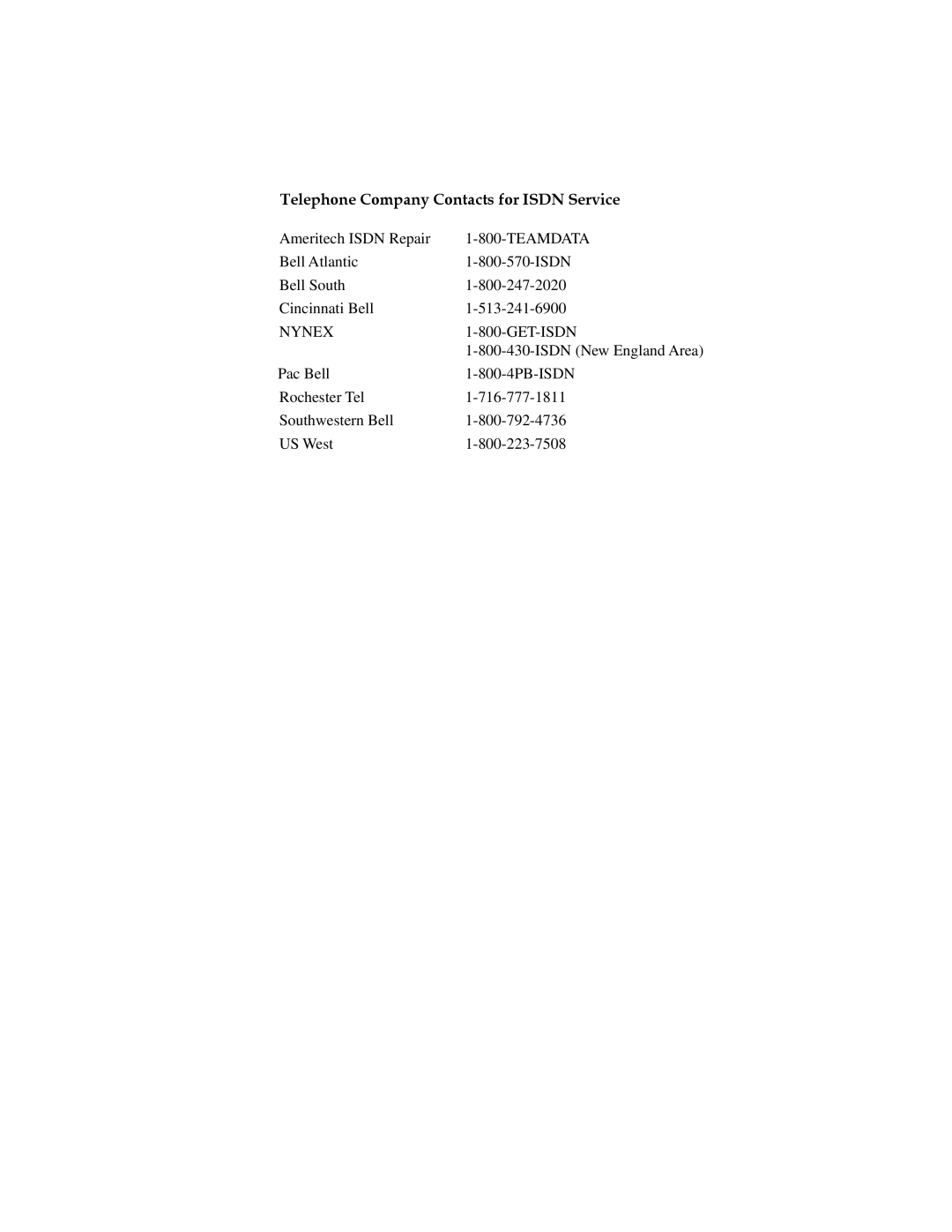 ADTRAN Express XRT manual Telephone Company Contacts for Isdn Service, Nynex 