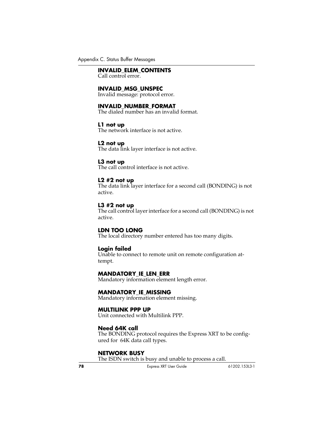 ADTRAN Express XRT manual Invalidelemcontents, Invalidmsgunspec, Invalidnumberformat, LDN TOO Long, Mandatoryielenerr 