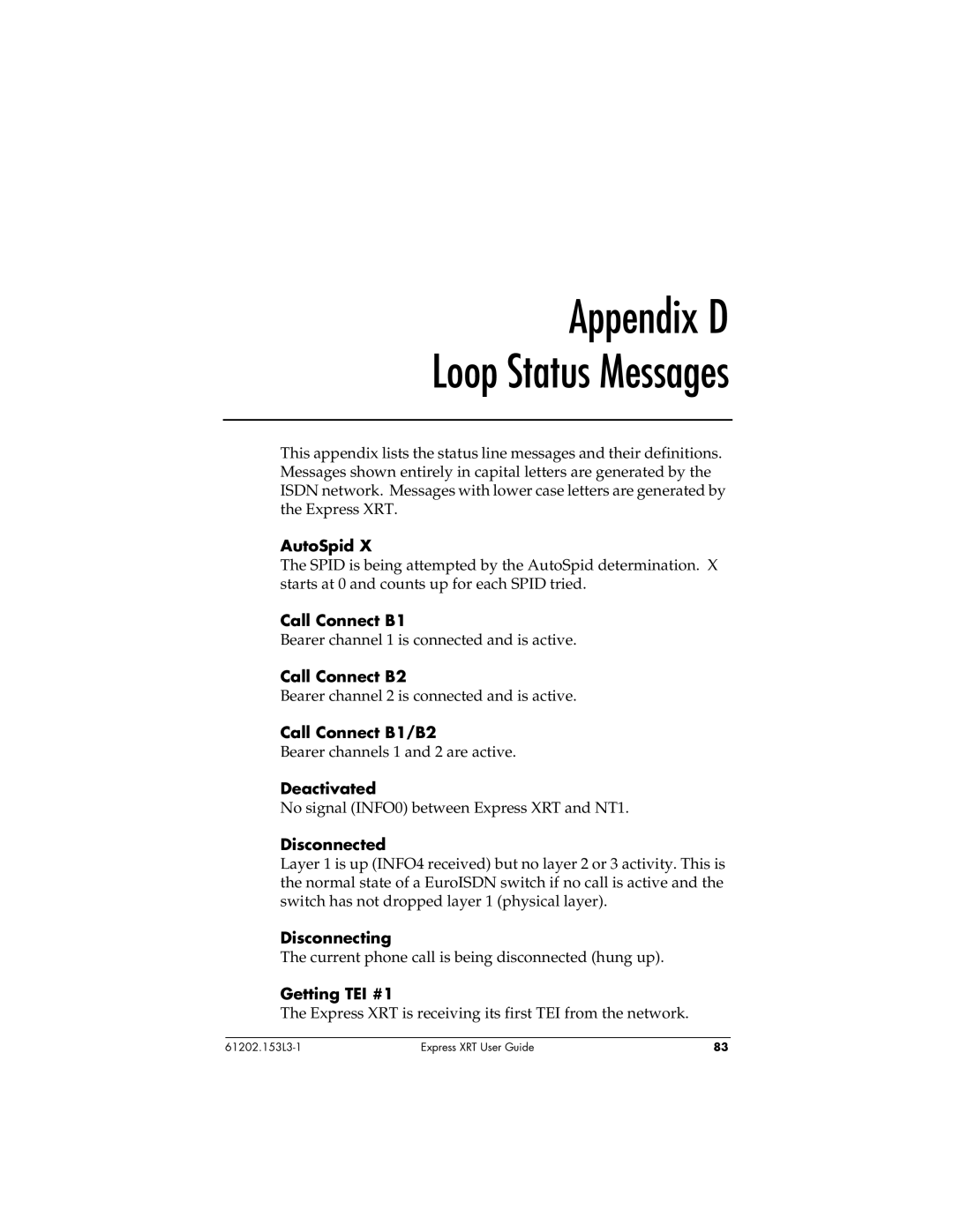 ADTRAN Express XRT manual Appendix D Loop Status Messages 