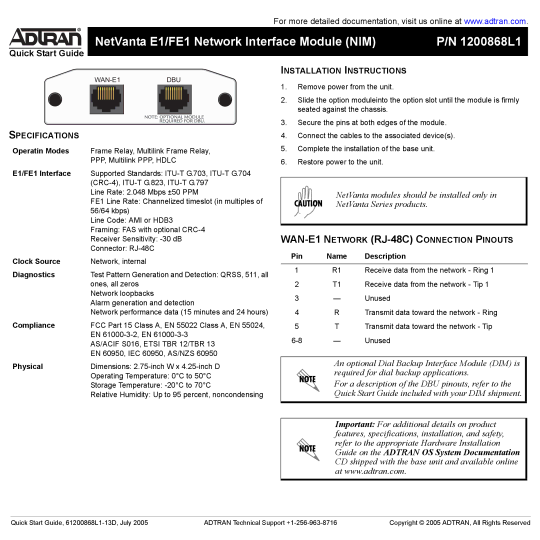 ADTRAN FE1 quick start Specifications, Installation Instructions, WAN-E1 Network RJ-48C Connection Pinouts 