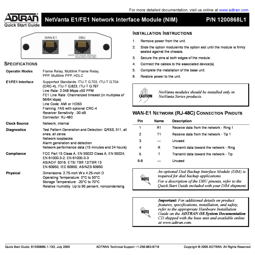 ADTRAN quick start NetVanta E1/FE1 Network Interface Module NIM, P/N 1200868L1, Quick Start Guide, Specifications 