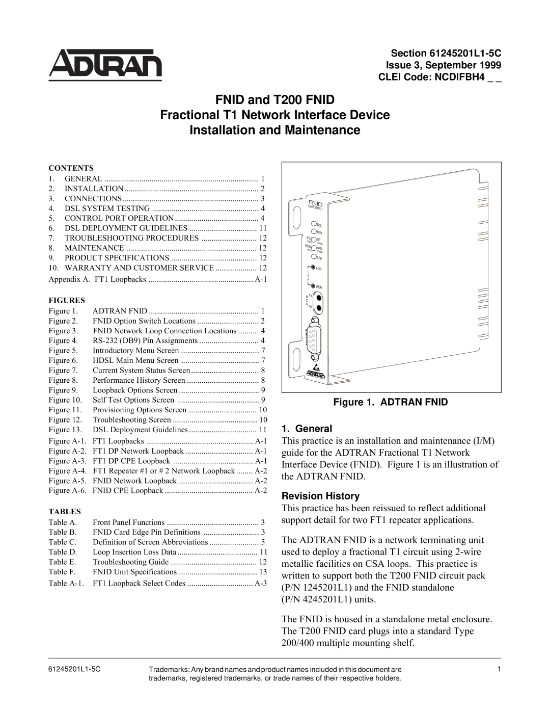 ADTRAN T200 FNID specifications L1-5C Issue 3, September Clei Code NCDIFBH4, Revision History 